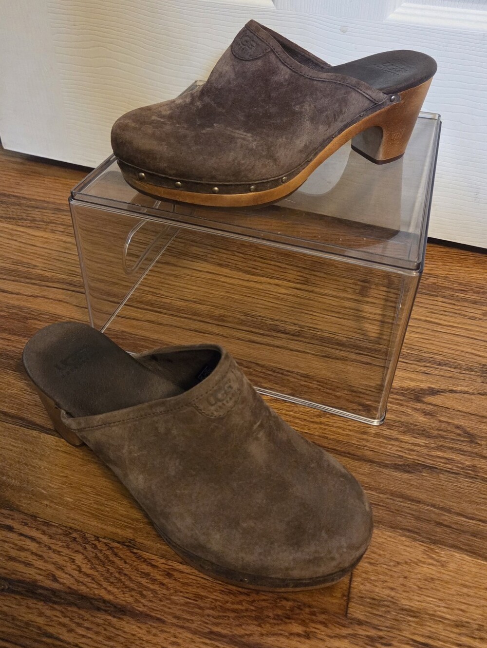UGG Abbie brown suede studded clogs with a wooden heel and platform Size 8